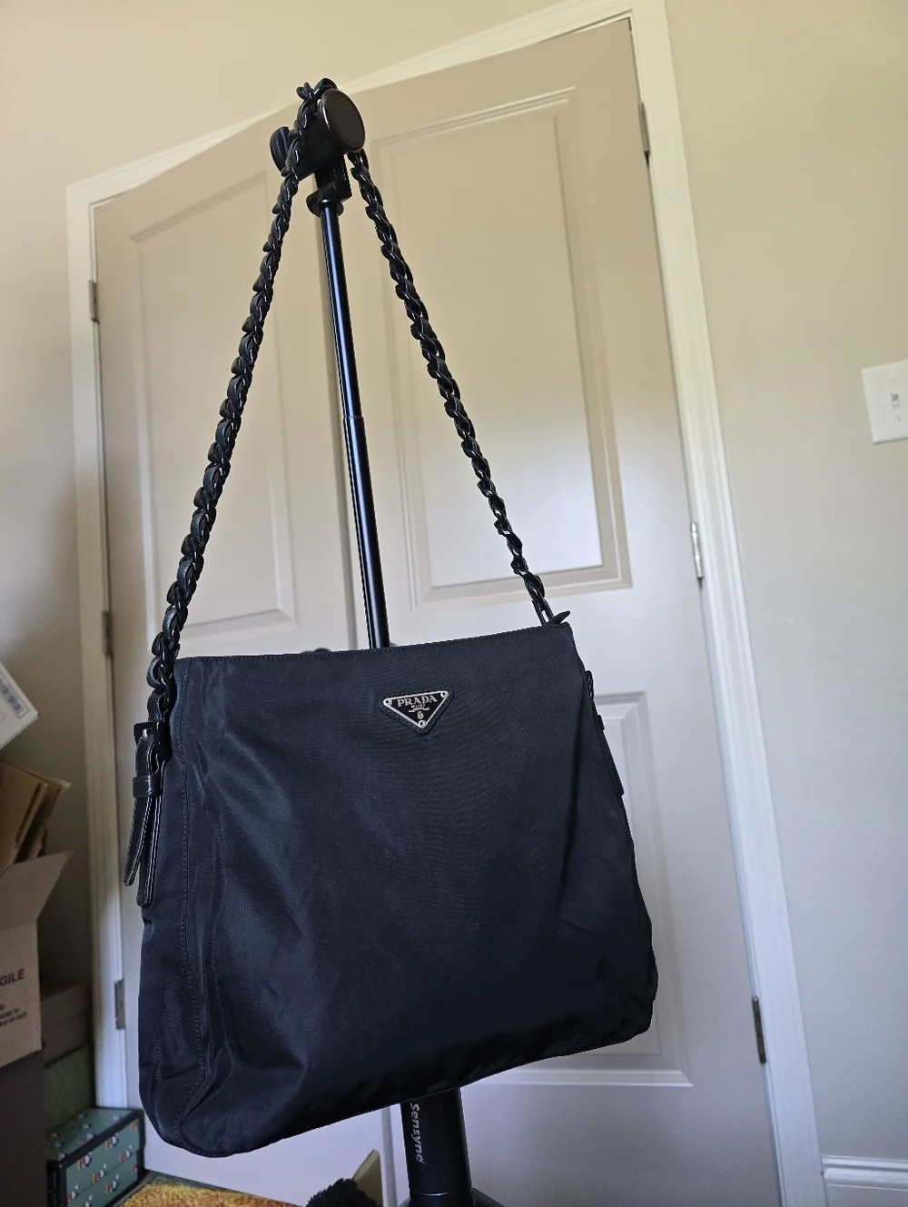 Authentic Prada Nylon Black Shoulder Bag with Braided Leather Chain Strap - Picture 1 of 16